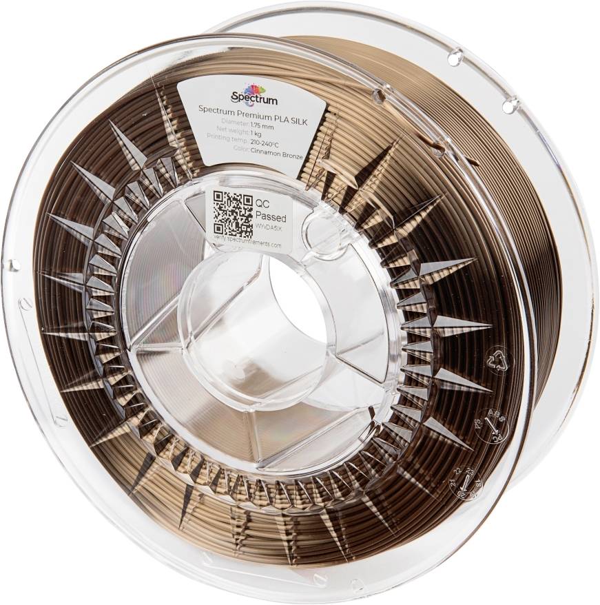 Une bobine de filament PLA Silk Premium brun de Spectrum, diamètre de 1,75 mm, 1 kg, sur une bobine en plastique transparente.