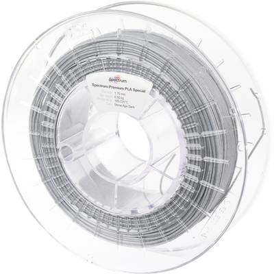 Rouleau de filament d'impression 3D gris avec boîtier en plastique transparent. Étiquette 'Spectrum Premium PLA Special - Stone Age Dark'.