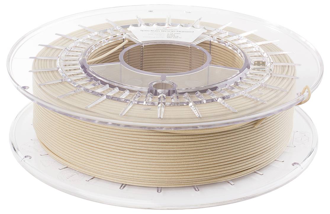 Bobine de filament de couleur beige pour imprimante 3D, boîtier en plastique transparent, sur fond blanc.