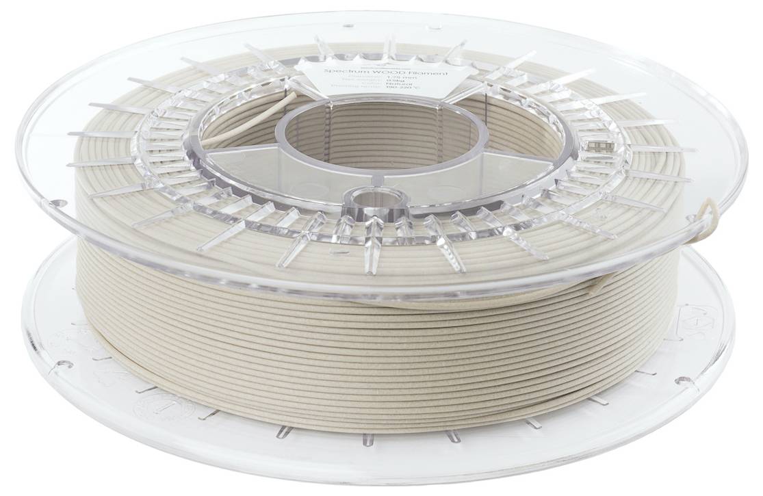 Bobine de filament composite bois de couleur beige pour imprimante 3D, adapté aux imprimantes FDM, sur support de bobine transparent.