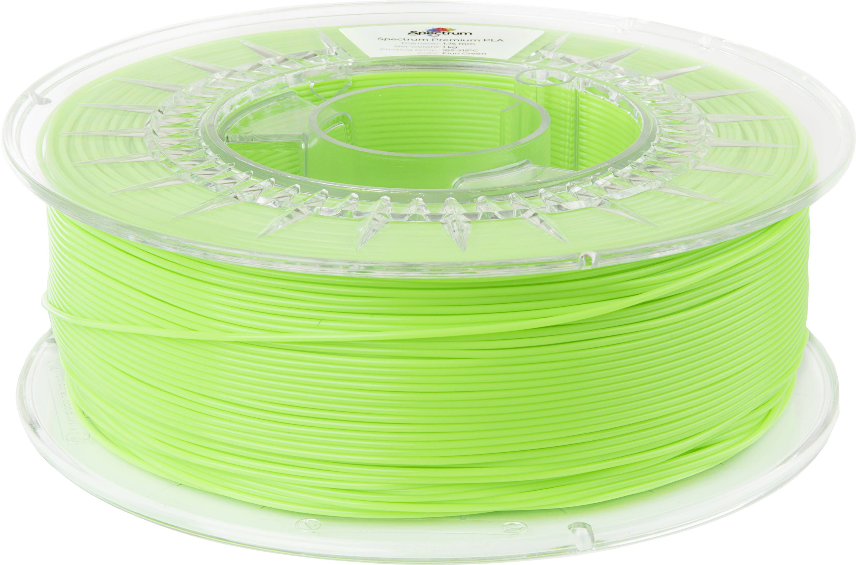 Bobine de filament vert pour imprimante 3D, prête à être utilisée, placée sur un fond blanc.