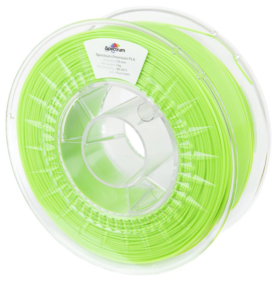 Rouleau de filament PLA 3D vert de Spectrum, enroulé de manière transparente, avec une étiquette affichant les informations du produit.
