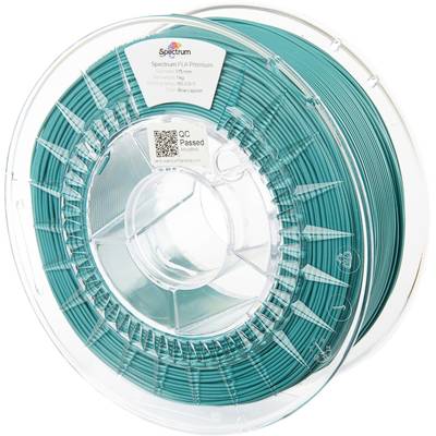 Une bobine de filament turquoise pour imprimante 3D, enroulée sur un support en plastique transparent, avec une étiquette 'Spectrum'.