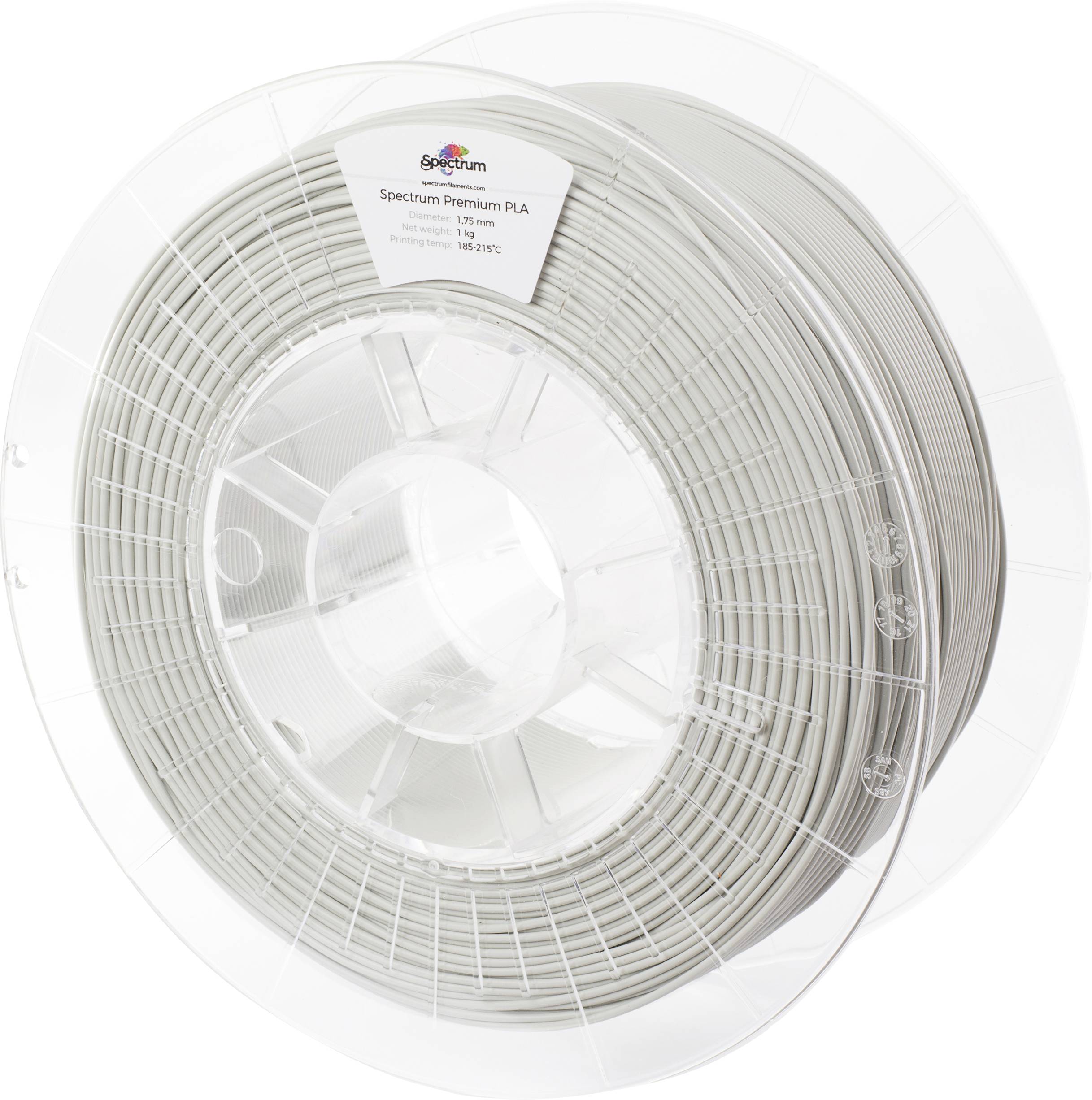 Un rouleau de filament PLA argenté pour imprimante 3D, conditionné sur un mandrin en plastique transparent.