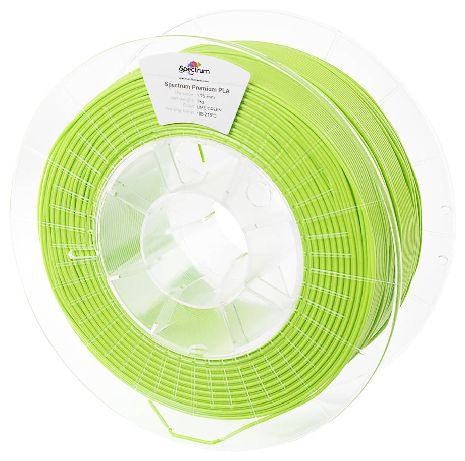 Rouleau de filament PLA vert pour imprimante 3D, étiqueté 'Spectrum Premium PLA, 1,75 mm', sur un support transparent.