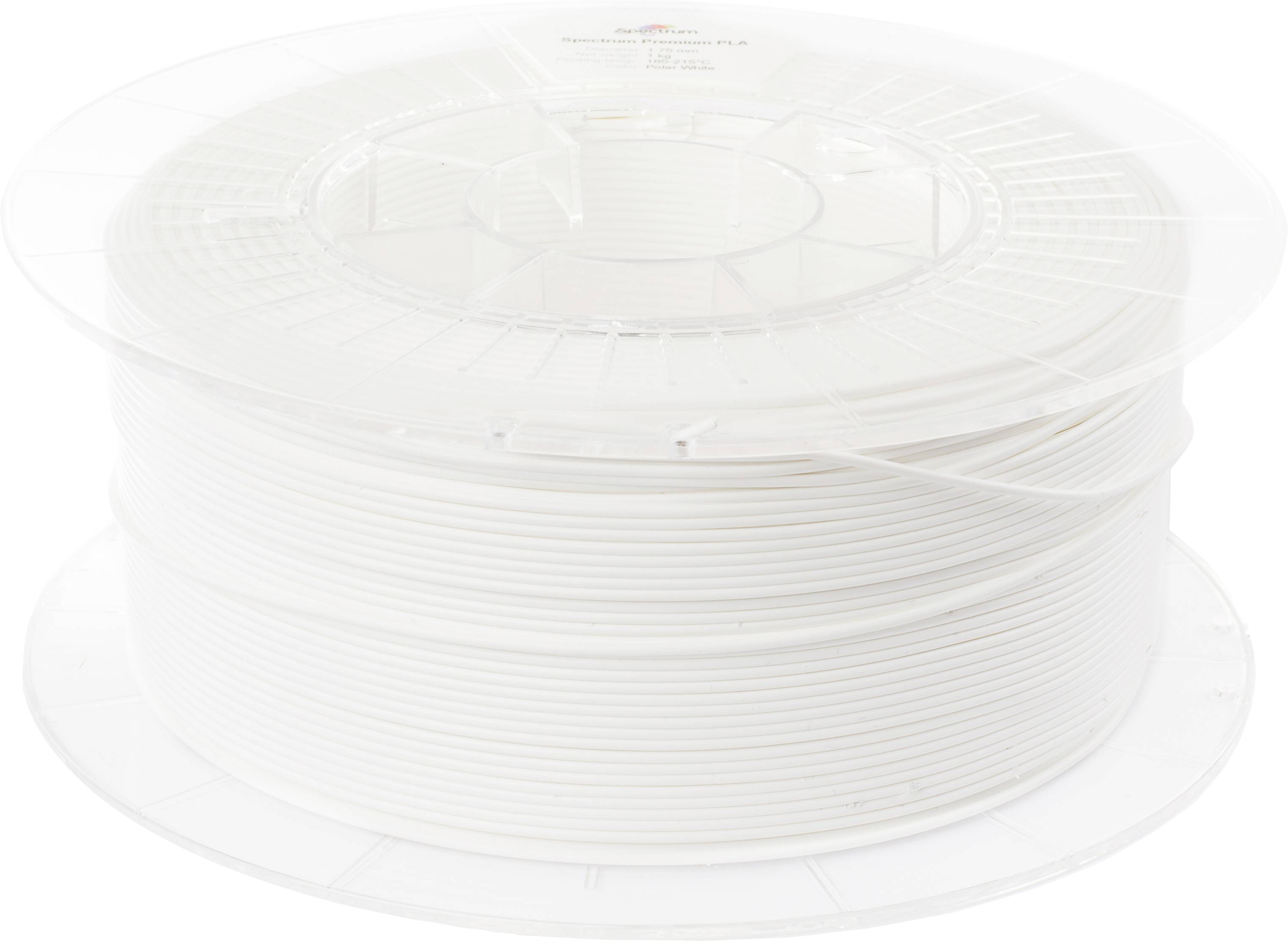 Une grande bobine de filament blanc pour imprimante 3D, dans un emballage en plastique transparent, posée sur une surface lisse.