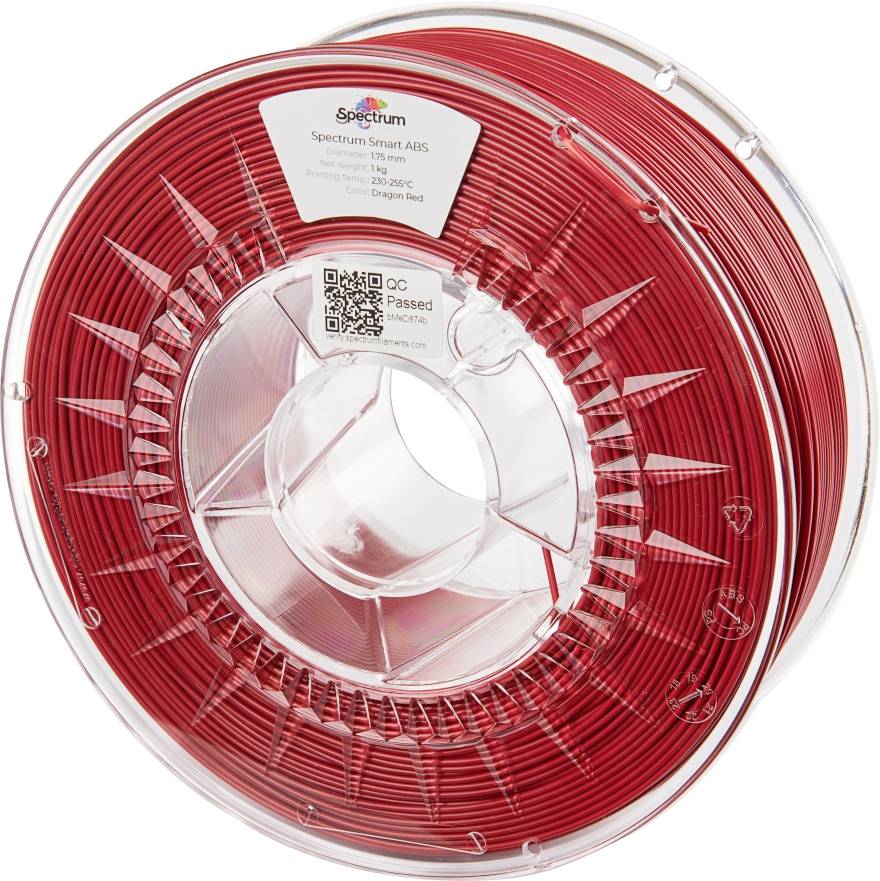 Bobine de filament ABS rouge de Spectrum, adaptée pour des températures de 230-260°C, sur un support de bobine transparent.