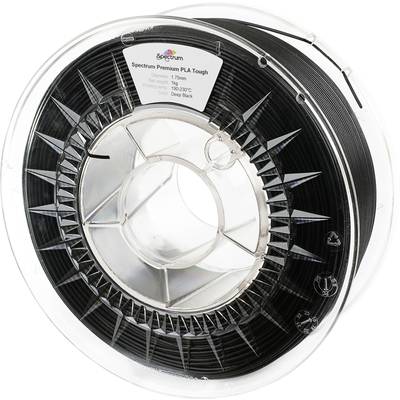 Rouleau de filament PLA noir pour imprimante 3D, monté sur un support de bobine transparent. Étiquette : « Spectrum Premium PLA Tough, noir profond ».