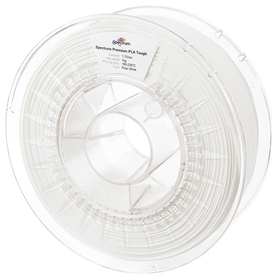 Bobine transparente de filament PLA Premium Tough de Spectrum, imprimé en blanc.