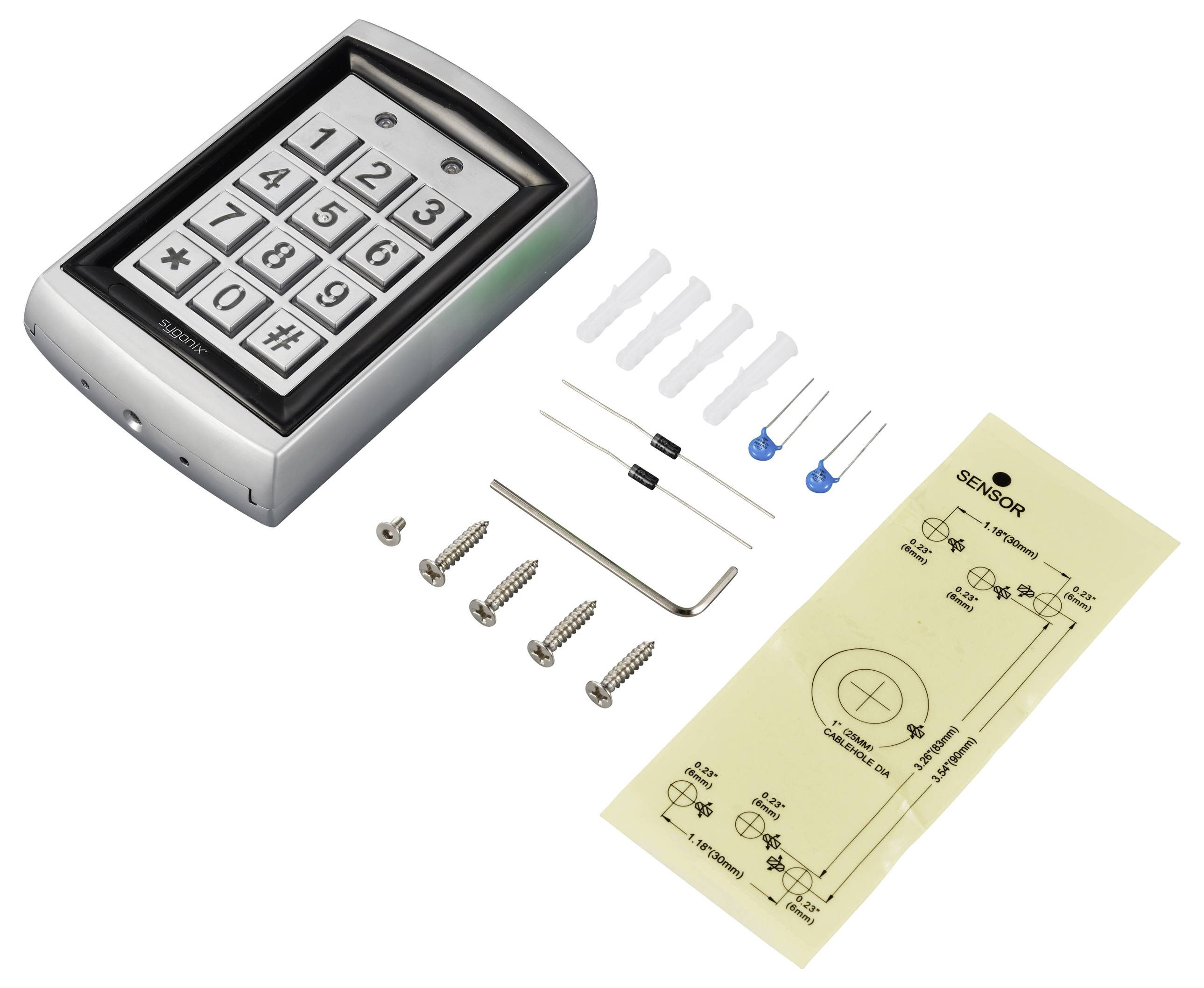 Une serrure électronique à code avec clavier numérique, accompagnée de vis, chevilles, composants électriques et un schéma de câblage.