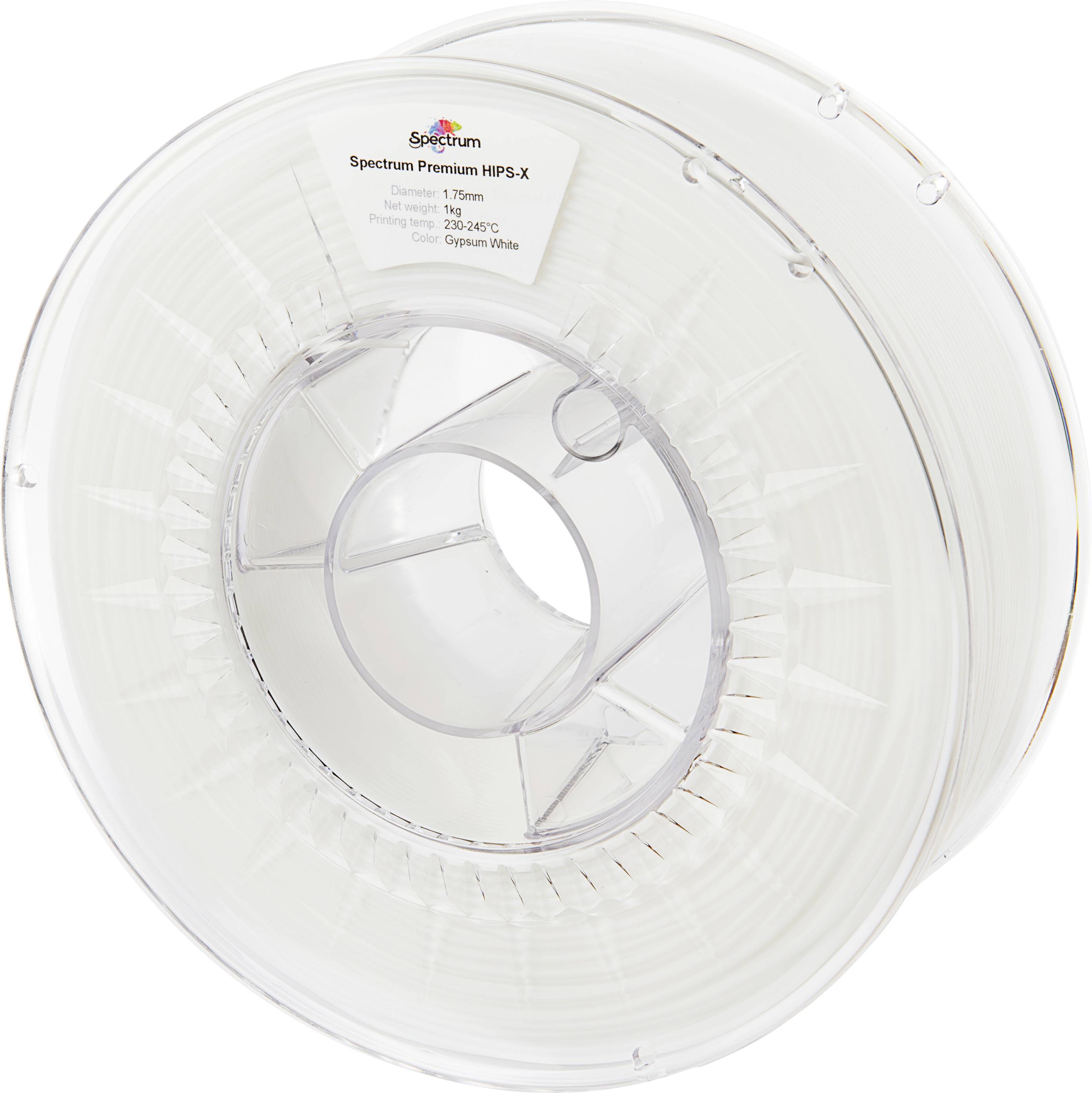 Bobine de plastique transparente avec une étiquette indiquant 'Spectrum Premium HIPS-X, 1,75 mm, Blanc Opale'. Utilisée pour l'impression 3D.