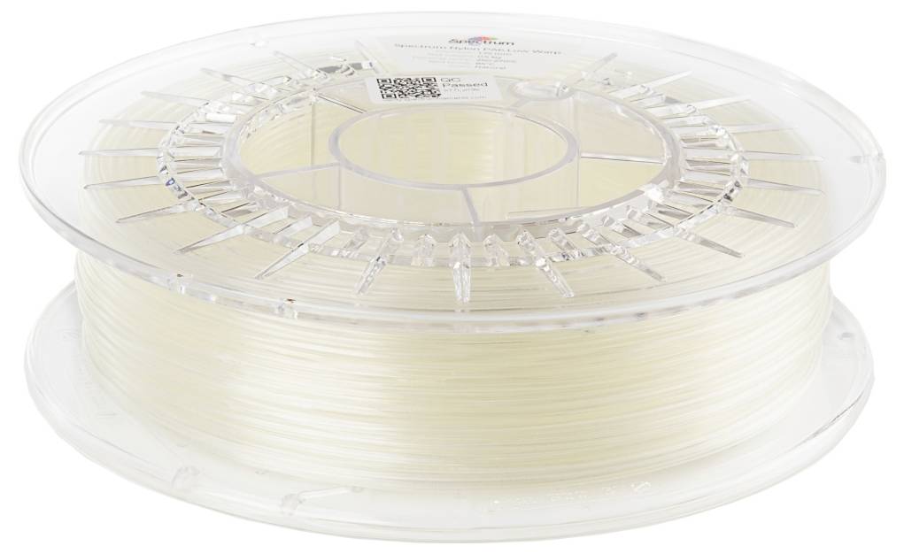 Bobine transparente avec un fil en plastique beige, utilisée pour les imprimantes 3D.