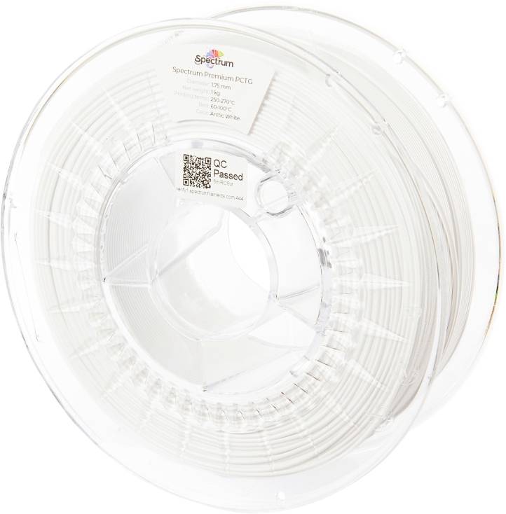 Bobine de filament d'imprimante 3D blanc, avec la marque visible en haut. L'étiquette affiche des détails techniques tels que le matériau et la plage de température.