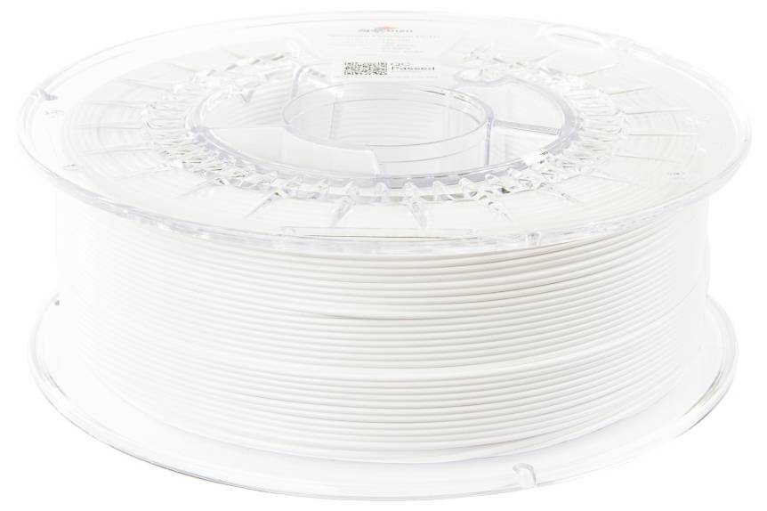 Une bobine de filament blanc pour imprimante 3D. La bobine est transparente, ce qui permet de voir clairement le filament enroulé.