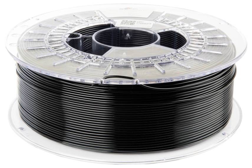 Une bobine de filament noir pour imprimante 3D, photographiée de côté. La bobine est transparente et permet de voir l'enroulement du filament.