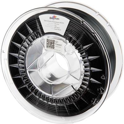Un rouleau de filament d'impression 3D noir en PETG de Spectrum, emballé de manière transparente, avec une étiquette et un code QR sur la face avant.