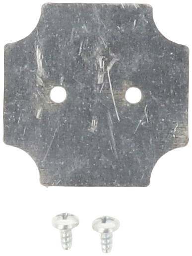 Plaque métallique aux coins arrondis et deux trous de vis, avec deux petites vis métalliques en dessous.