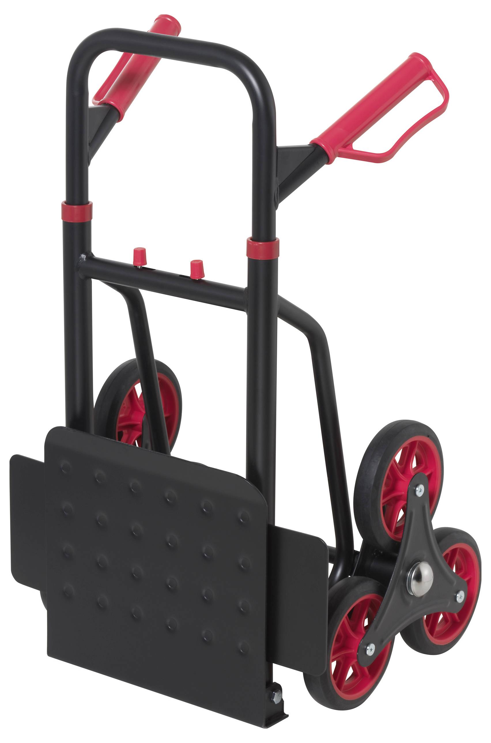 Chariot de transport pliable à couleur rouge et noire, avec un cadre robuste et trois roues de chaque côté pour la mobilité dans les escaliers.