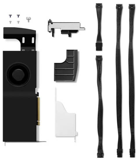 Un kit d'installation de GPU comprenant une unité de ventilation, des vis de fixation, des supports et des câbles de connexion pour une intégration adaptée.