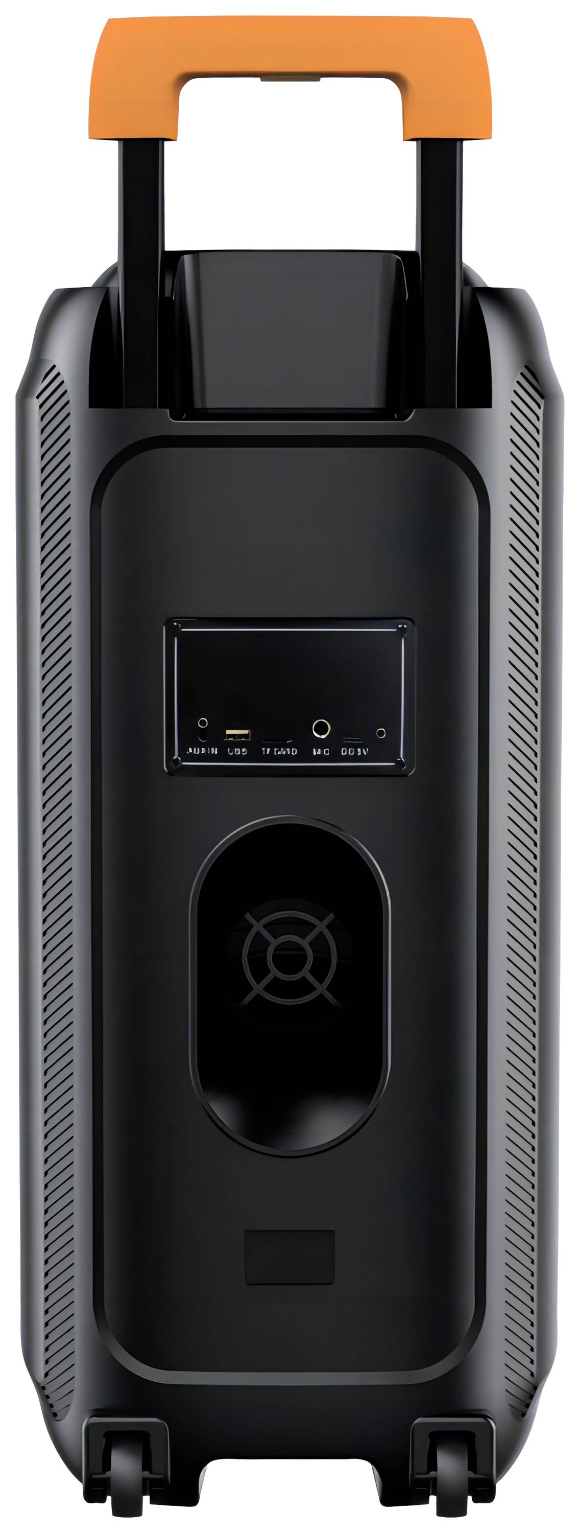 Haut-parleur portable noir avec une poignée orange, adapté pour la sonorisation d'événements. Le dos montre les connexions et la ventilation.