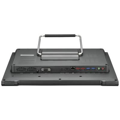 Moniteur industriel avec différentes connexions (USB, Audio, Réseau) et une poignée de transport stable à l'arrière.