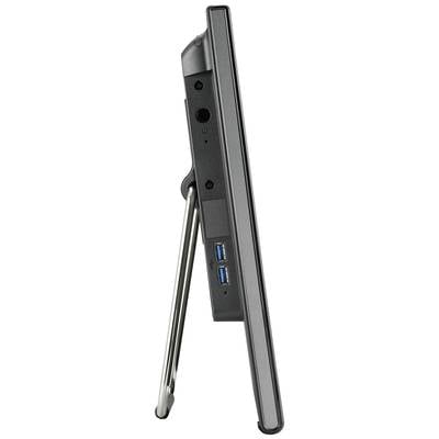 Vue latérale d'un moniteur élancé et droit, monté sur un socle métallique, doté de plusieurs ports de connexion, notamment des ports USB.