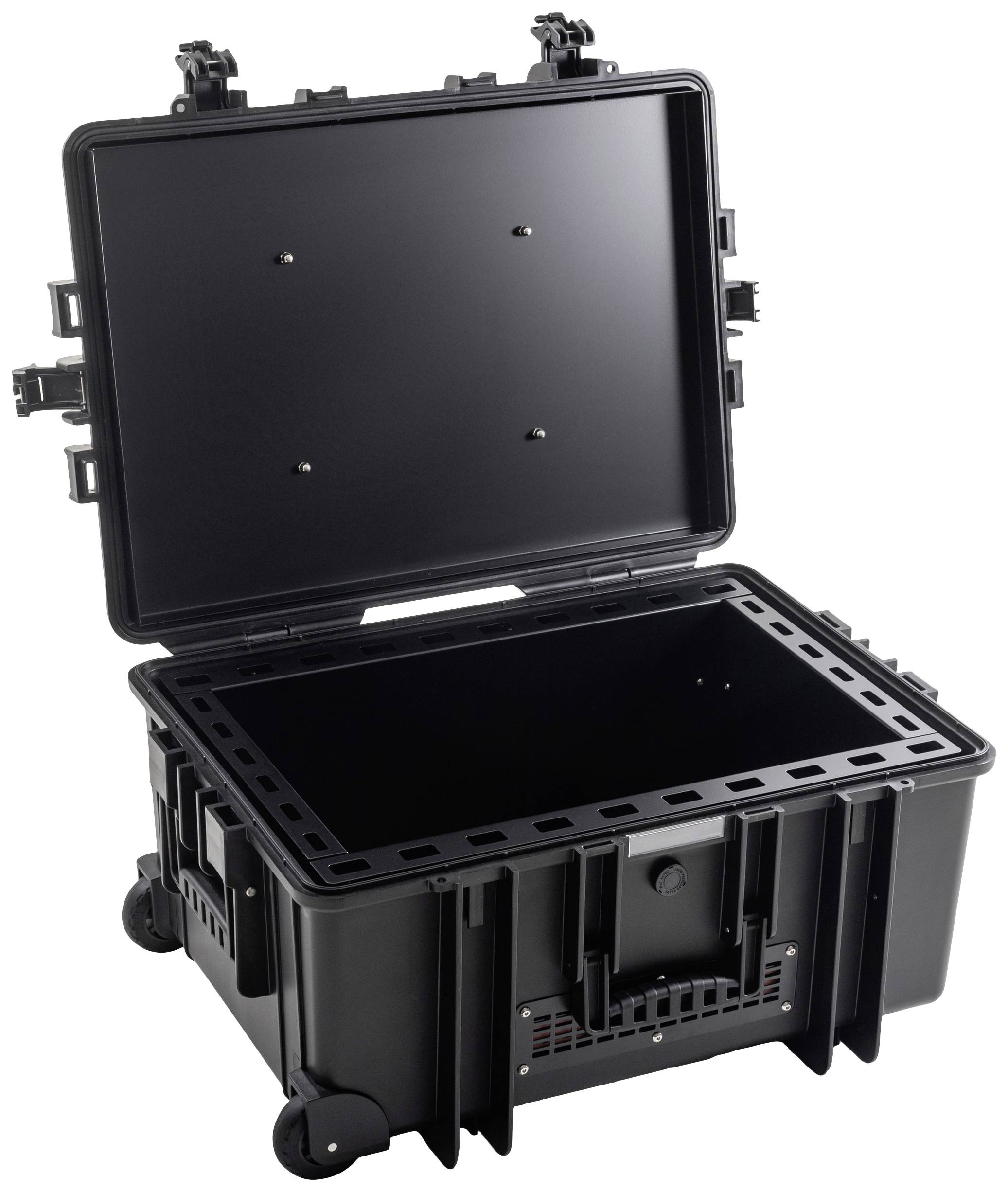 Valise de protection noire, ouverte, avec doublure en mousse et roulettes, adaptée au transport sécurisé d'équipements sensibles.