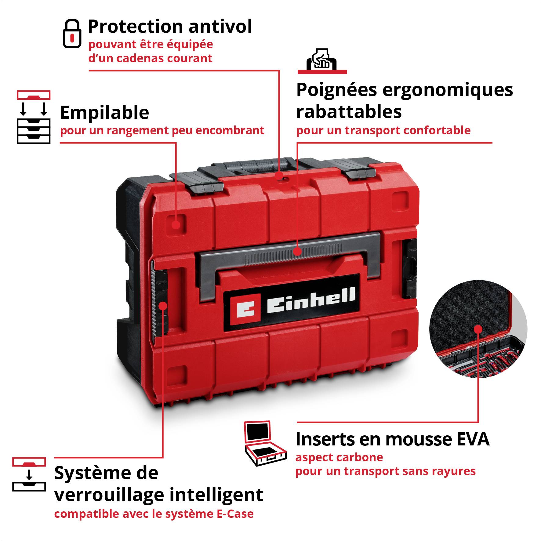 'Mallette à outils Einhell avec protection antivol, poignées pliantes, empilable, système E-Case et doublures en mousse EVA.'