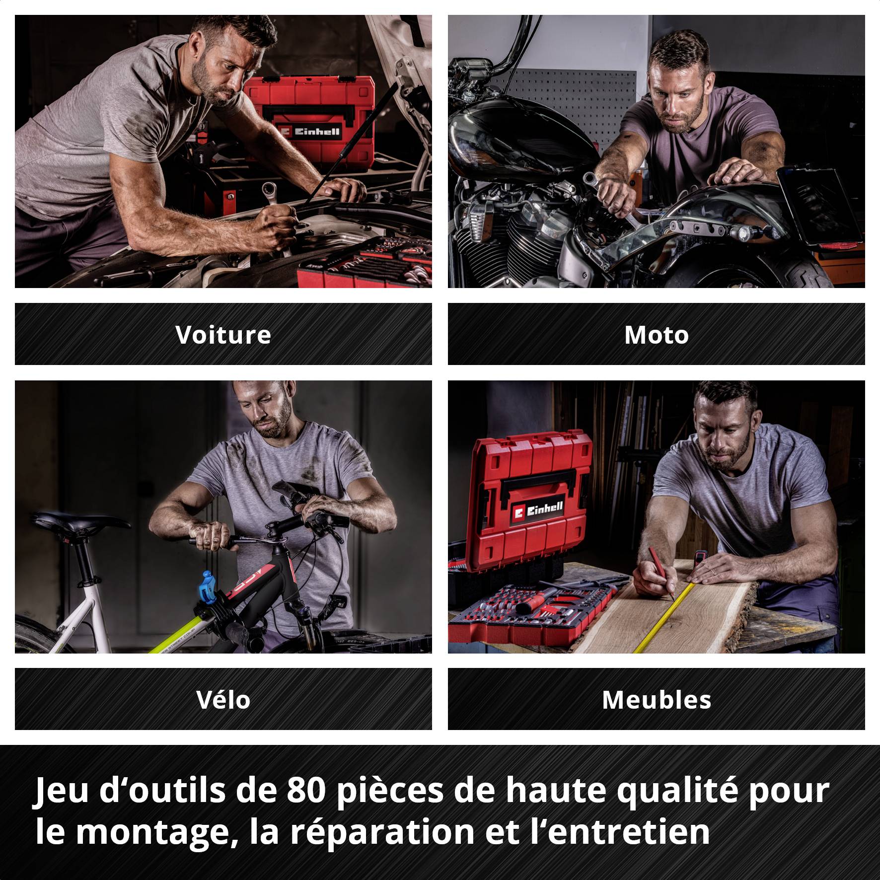 'Quatre images montrent un homme entretenant et réparant une voiture, une moto, un vélo et des meubles avec un ensemble d'outils Einhell.'