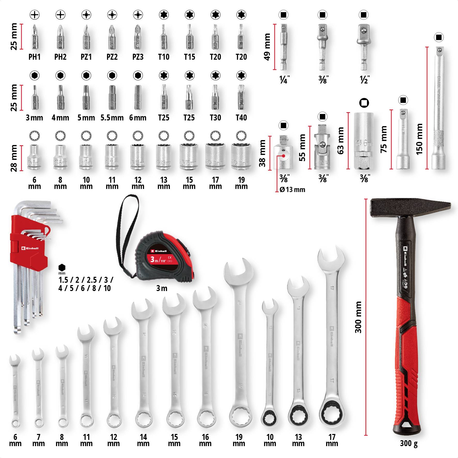 'Ensemble d'outils divers : embouts de tournevis, clés à douille, clés plates, clés à molette, mètre ruban, marteau.'