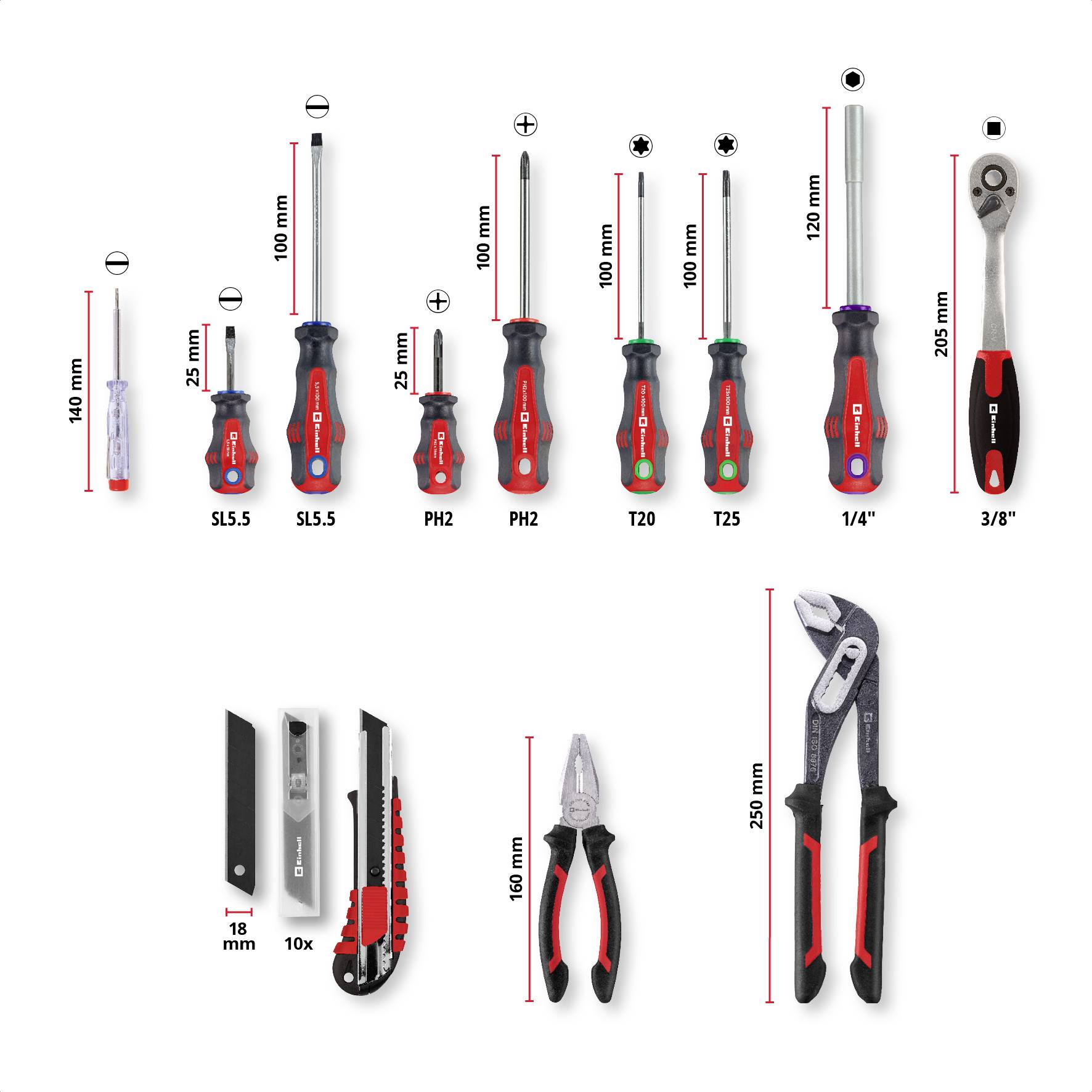 Un ensemble d'outils comprenant des tournevis, une clé à cliquet, un cutter, une pince et une pince multiprise, avec indication des dimensions.