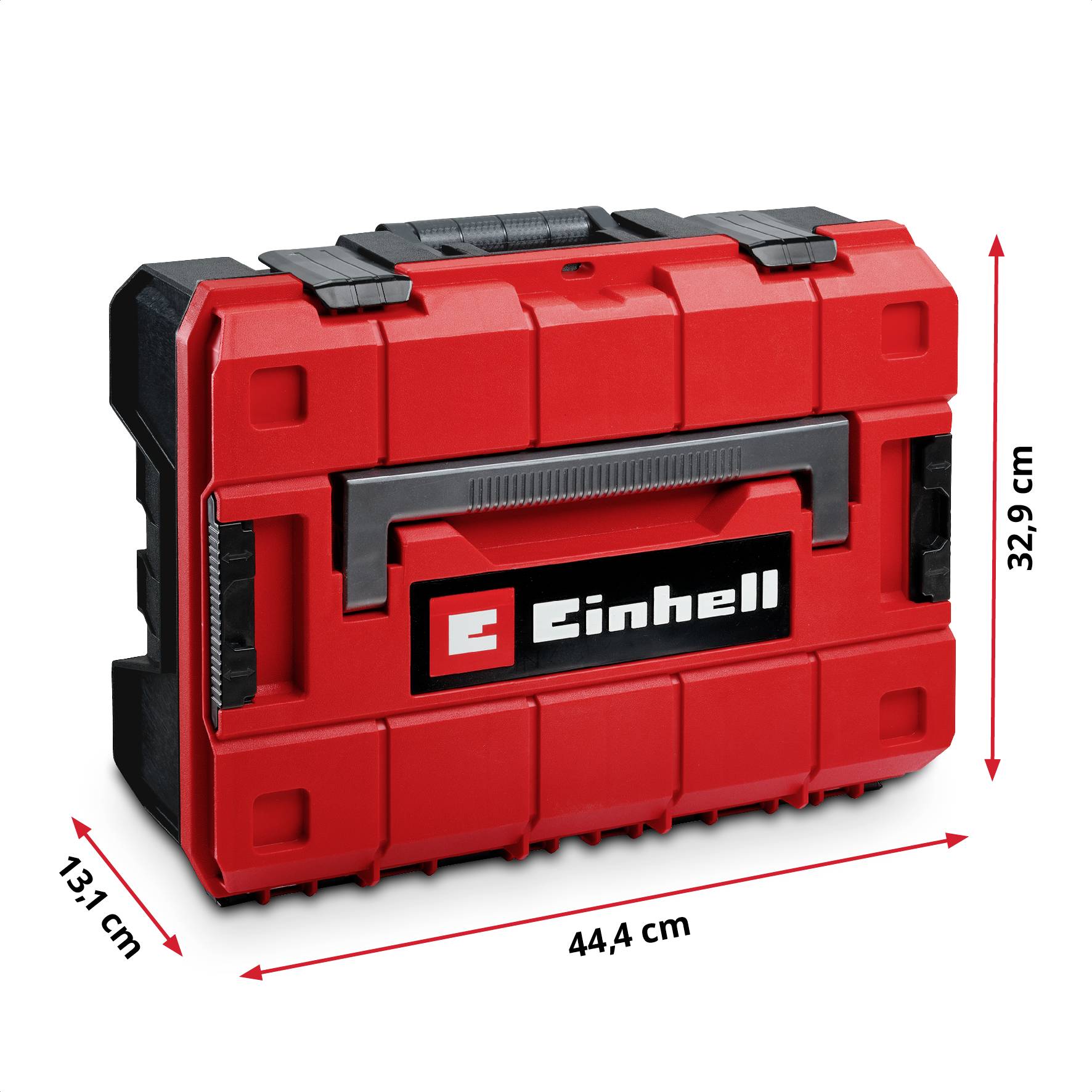 Coffret à outils Einhell en plastique rouge, dimensions : 44,4 cm de largeur, 32,9 cm de hauteur, 13,1 cm de profondeur.