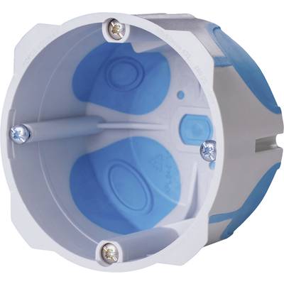 Boîte de dérivation ronde en plastique à paroi creuse, avec surface bleue et blanche, trois vis de fixation visibles à l'intérieur.