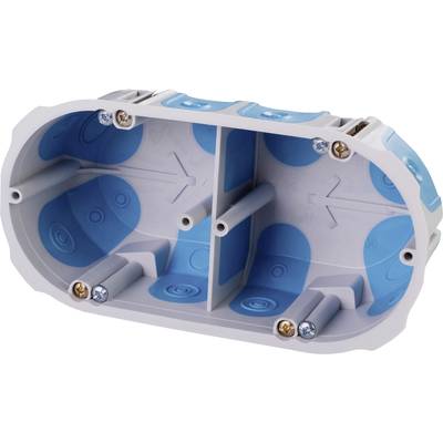 Boîte électrique encastrée avec revêtement intérieur bleu, compartimentée en deux parties par des séparations, quatre vis de fixation aux angles.
