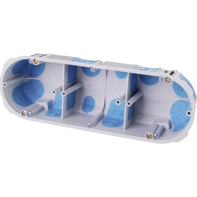 Une boîte de dérivation encastrée ovale, grise avec des touches bleues et plusieurs emplacements, adaptée aux installations électriques dans les murs.