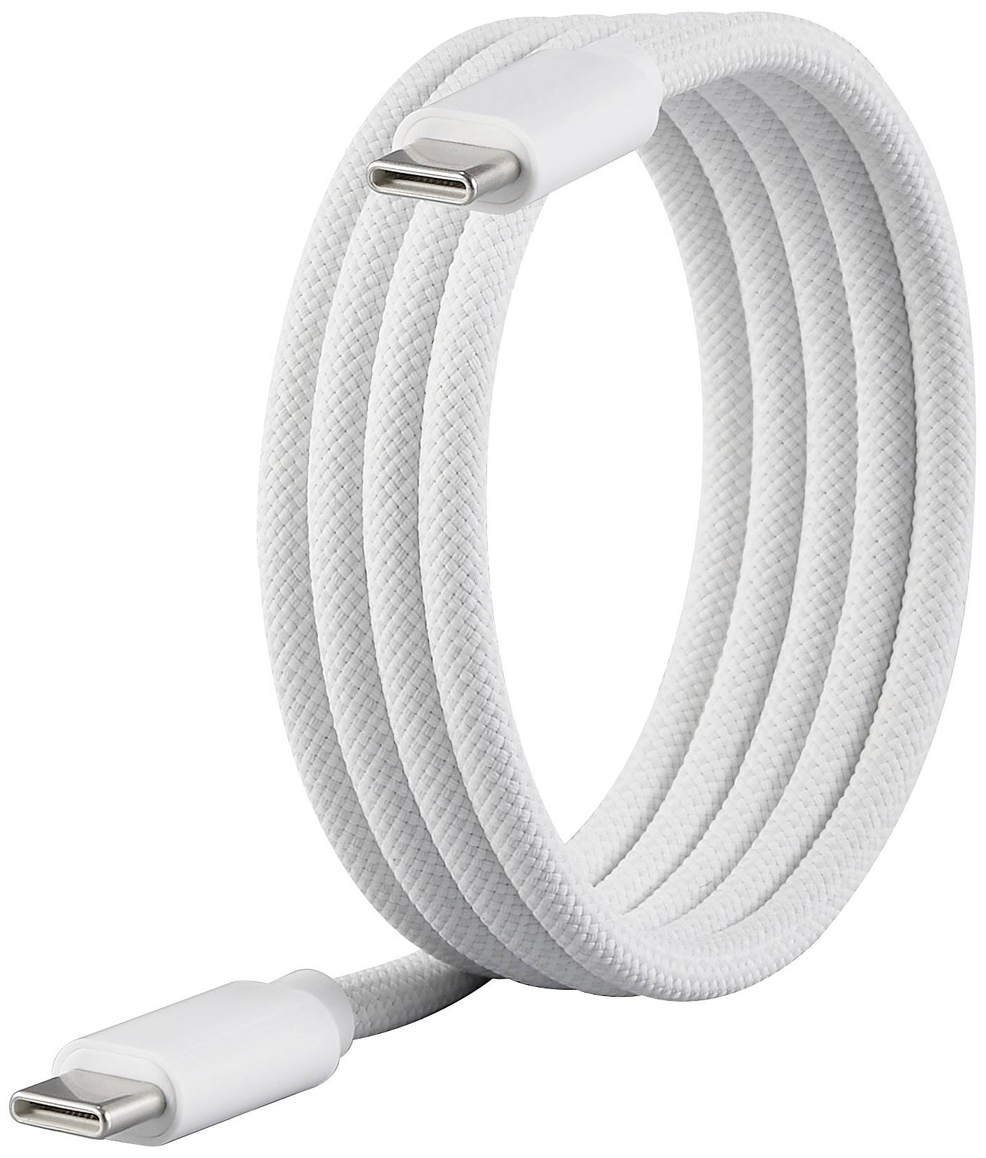 Un câble USB-C blanc tressé, enroulé en boucle, prêt à être connecté à des appareils électroniques.