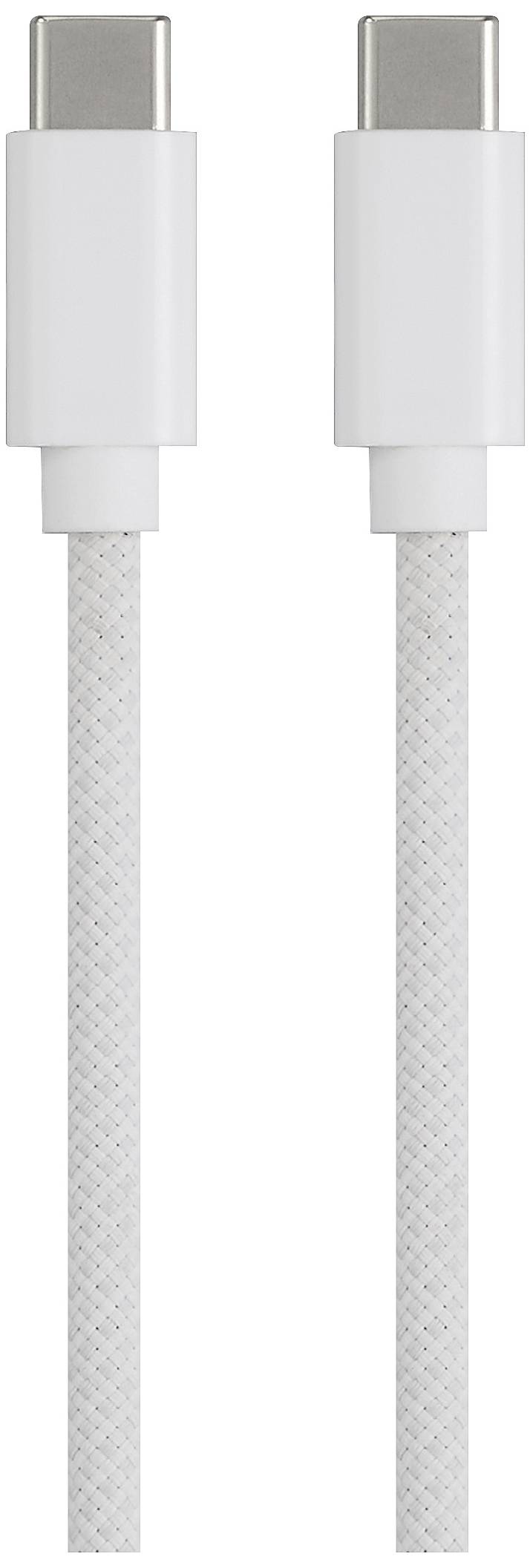Deux câbles USB-C blancs au design tressé sont disposés côte à côte, montrant les connecteurs aux deux extrémités.
