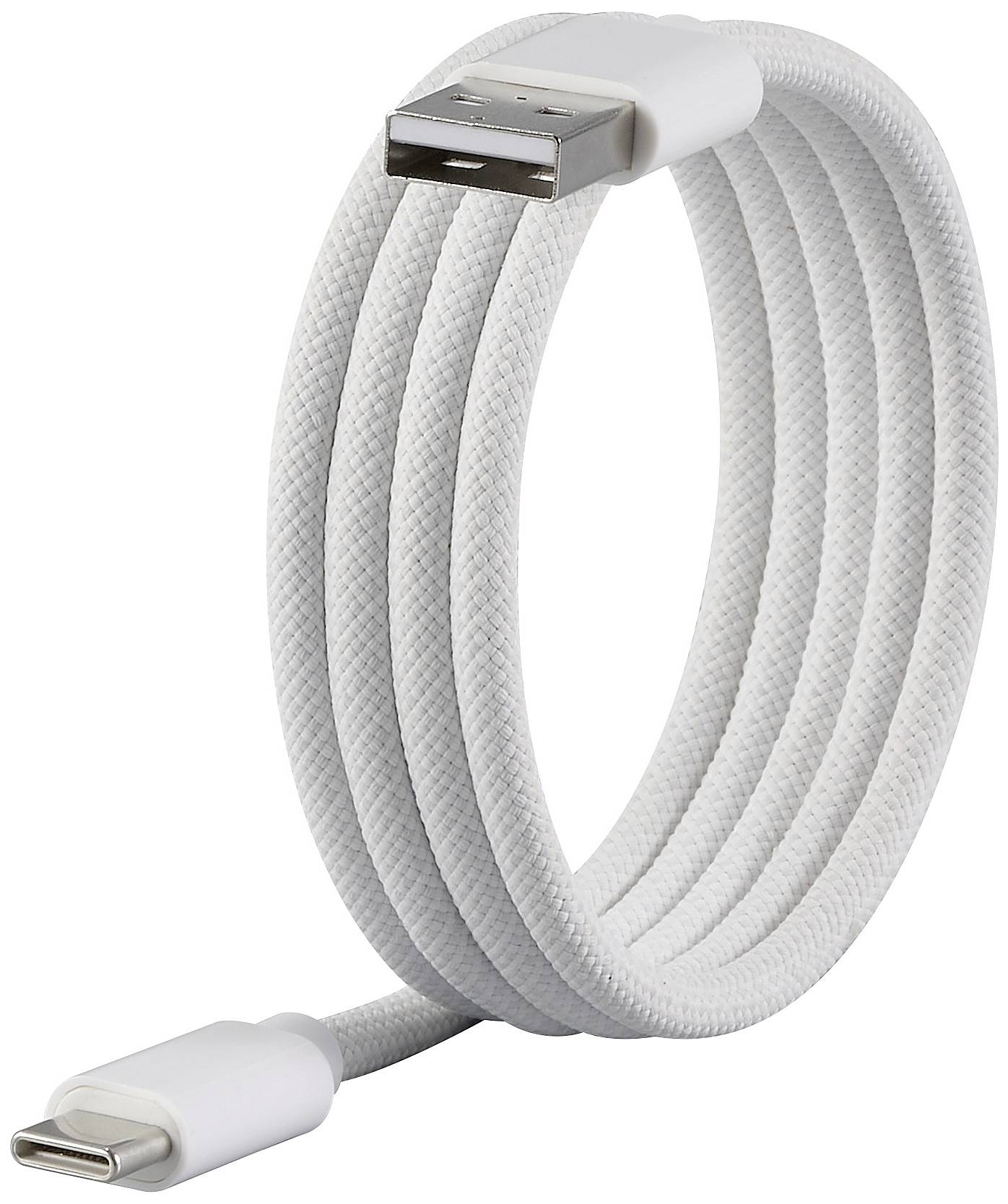 Un câble USB-C vers USB-A blanc tressé, enroulé et dressé verticalement, présenté devant un fond blanc.