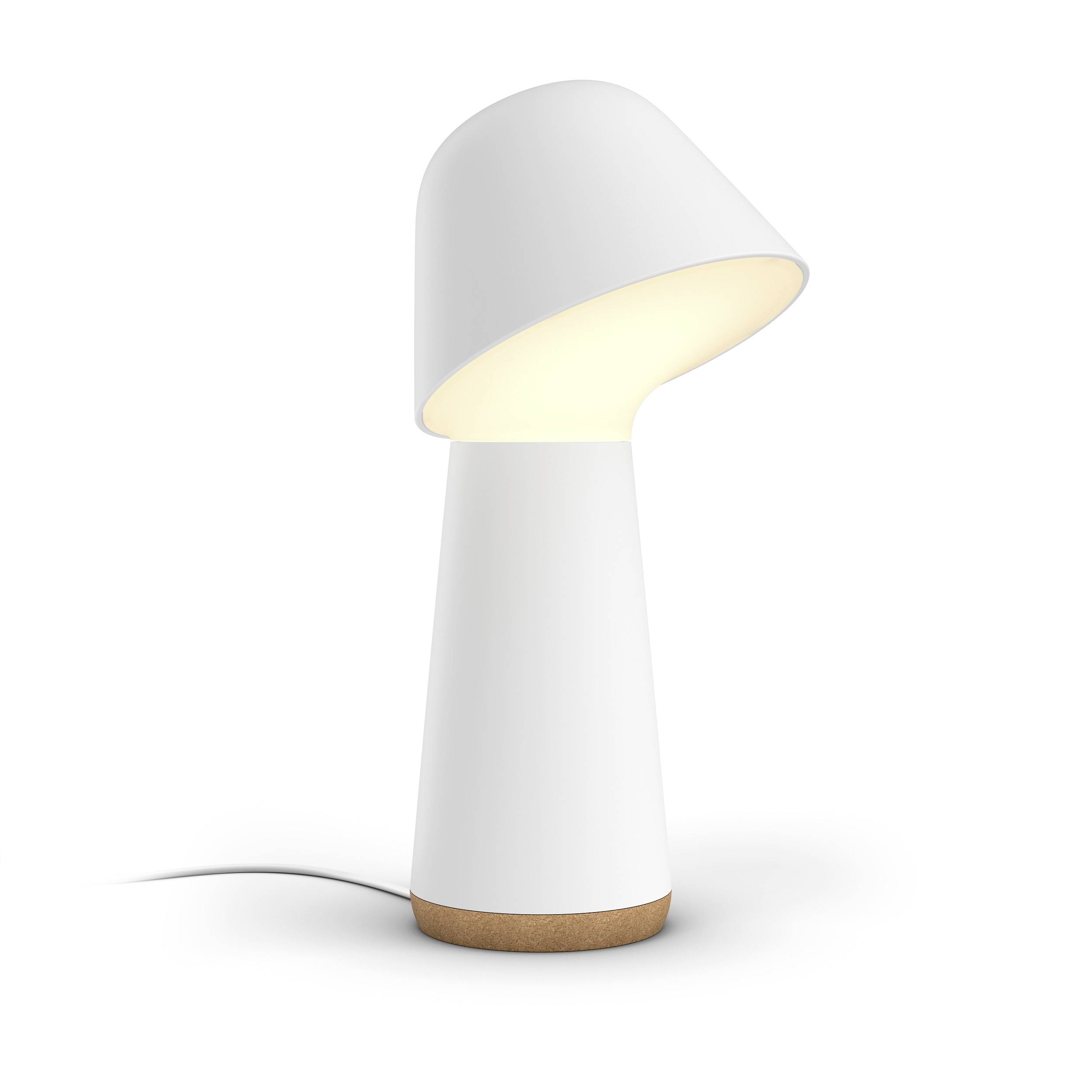 Lampe de table blanche au design élancé et moderne, avec une base aspect bois et une tête incurvée, diffusant une lumière chaleureuse.