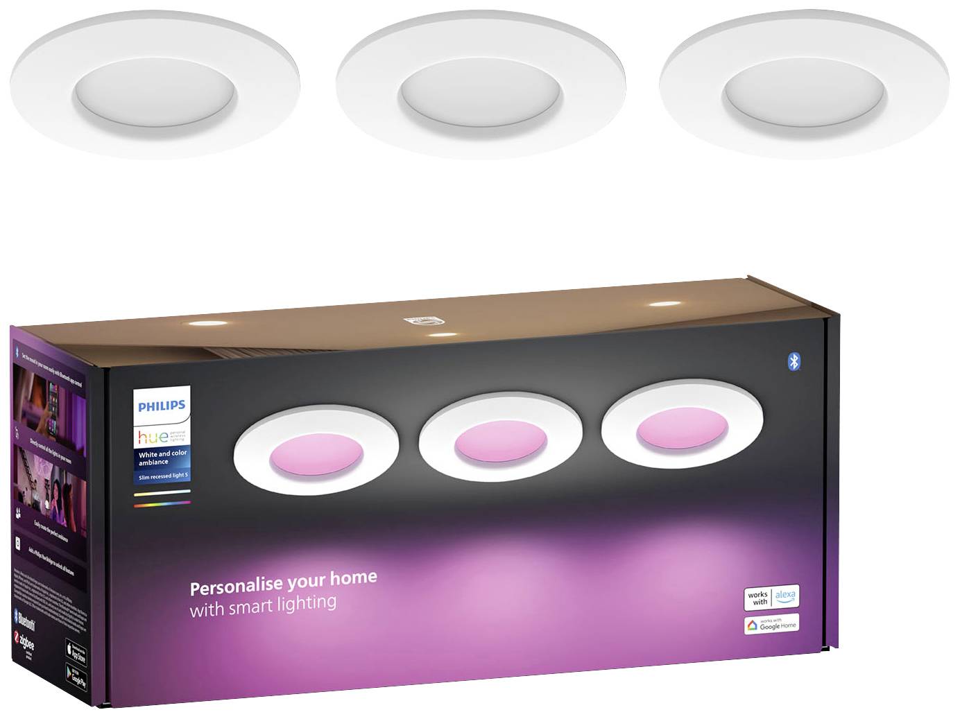 Ensemble de spots encastrables LED Philips Hue, composé de trois spots ronds blancs, présenté sur un emballage de couleur lilas.