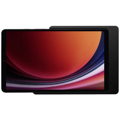 Une tablette avec un cadre noir affiche une image abstraite rouge et violette sur son écran.