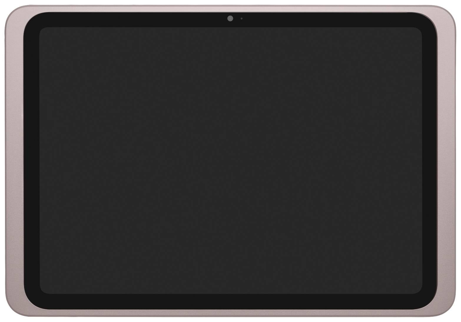 Une tablette avec un écran noir et un cadre rose. Elle est éteinte et n'affiche aucun contenu.