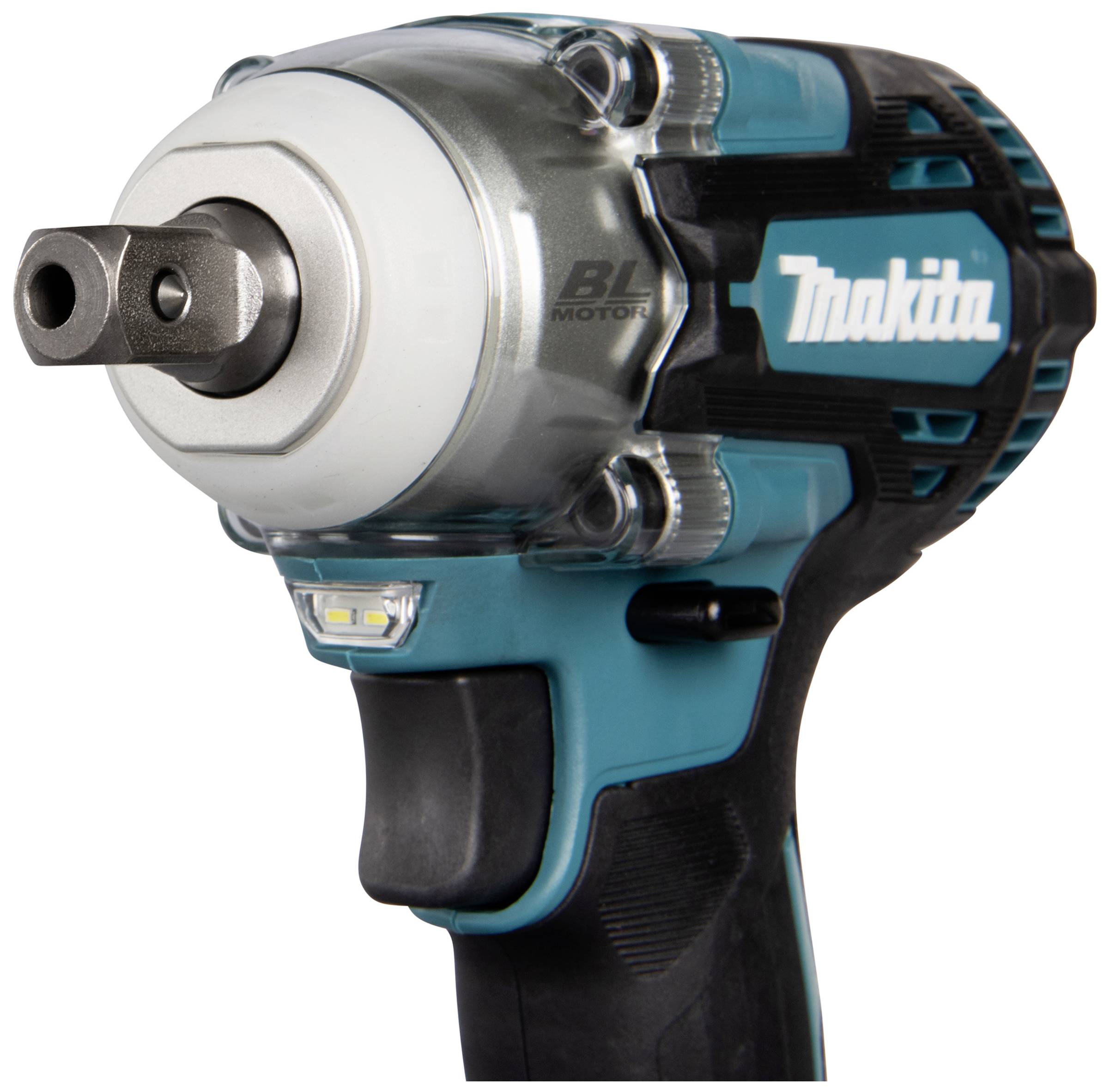 Visseuse sans fil Makita en gros plan, boîtier bleu et noir avec tête argentée.