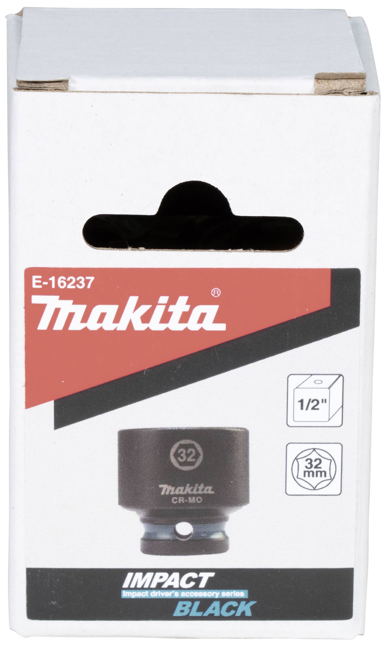 L'emballage présente une douille Makita de 32 mm, idéale pour clé à chocs. Texte : 'Impact Black'.