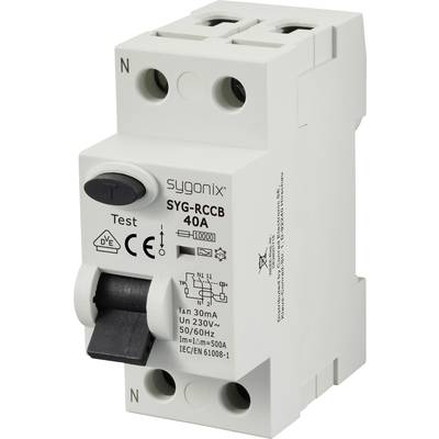 Un disjoncteur différentiel blanc de sygonix, modèle SYG-RCCB, 40A, avec bouton de test et marquage CE. Adapté pour 230V, 50/60Hz.