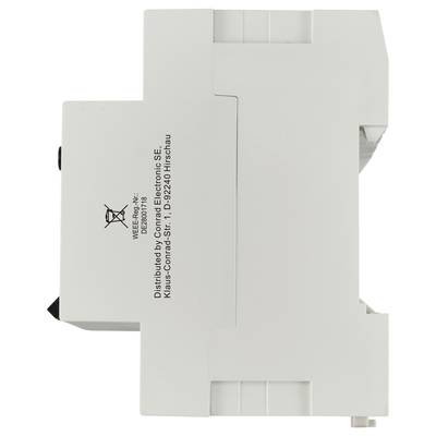 Un boîtier en plastique blanc d'un appareil électrique portant l'inscription « Distribué par Conrad Electronic SE, Klaus Conrad Str. 1, D-92240 Hirschau ».