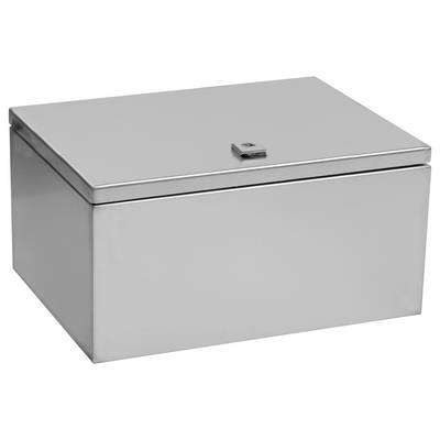 Une boîte métallique rectangulaire argentée avec un couvercle et une petite serrure en son centre, adaptée à un rangement sécurisé.
