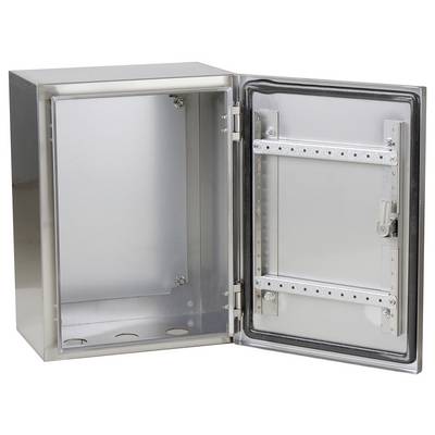 Armoire métallique avec porte ouverte, montrant un intérieur vide et des rails de fixation. Usage industriel.