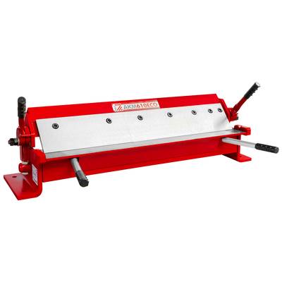 Une machine de découpe en métal rouge avec plusieurs leviers et lames, destinée à travailler les tôles.