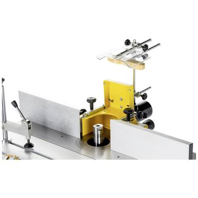 Machine à fraiser jaune avec des rails de guidage argentés et un volant de réglage noir, montée sur une surface de table.
